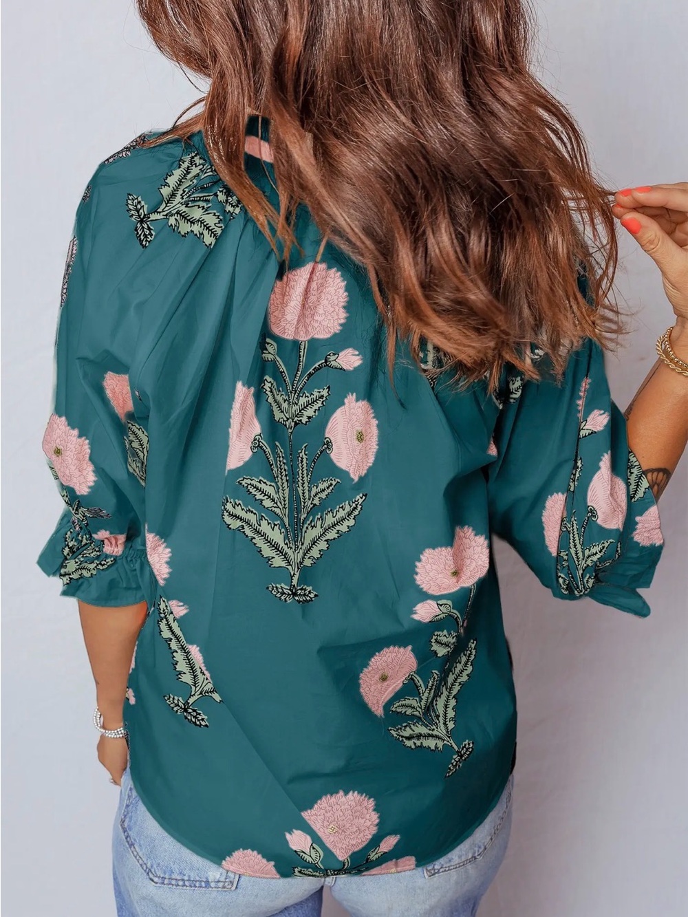 Boutique Floral Green Print Peasant Blouse - Picture 2 of 3
